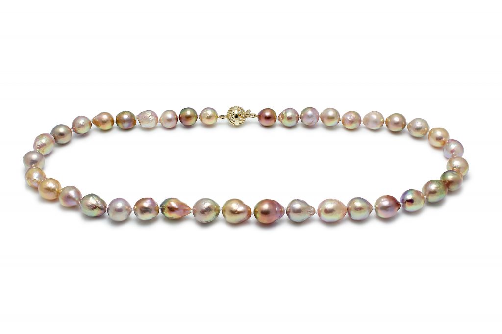 9-11mm nucleated natural colour nucleated cultured river pearl necklace (Lot# RAR3/1) Shown with 9ct 10mm yellow gold cage clasp = CL1CAGE9CT10YG .